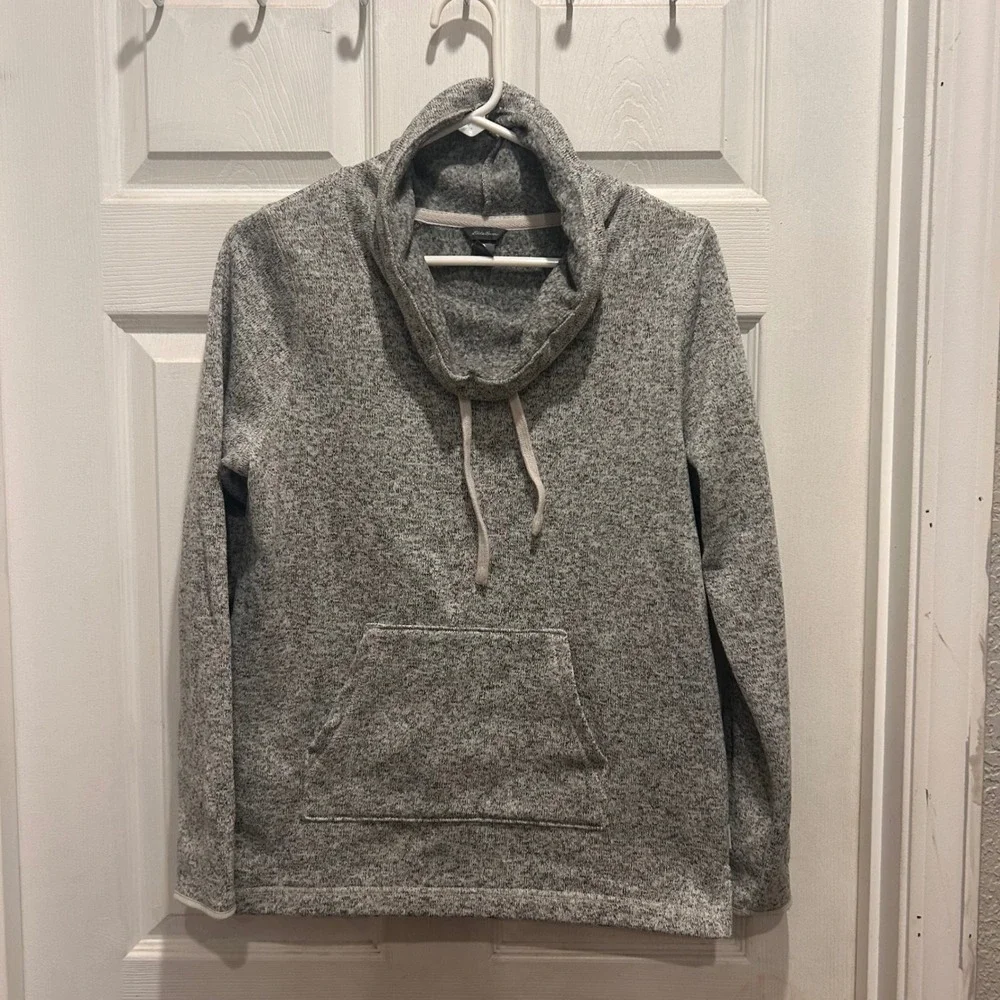 Eddie Bauer Womens Gray Marled Cowl Neck Pullover Sweater Fleece‎ Pocket Large